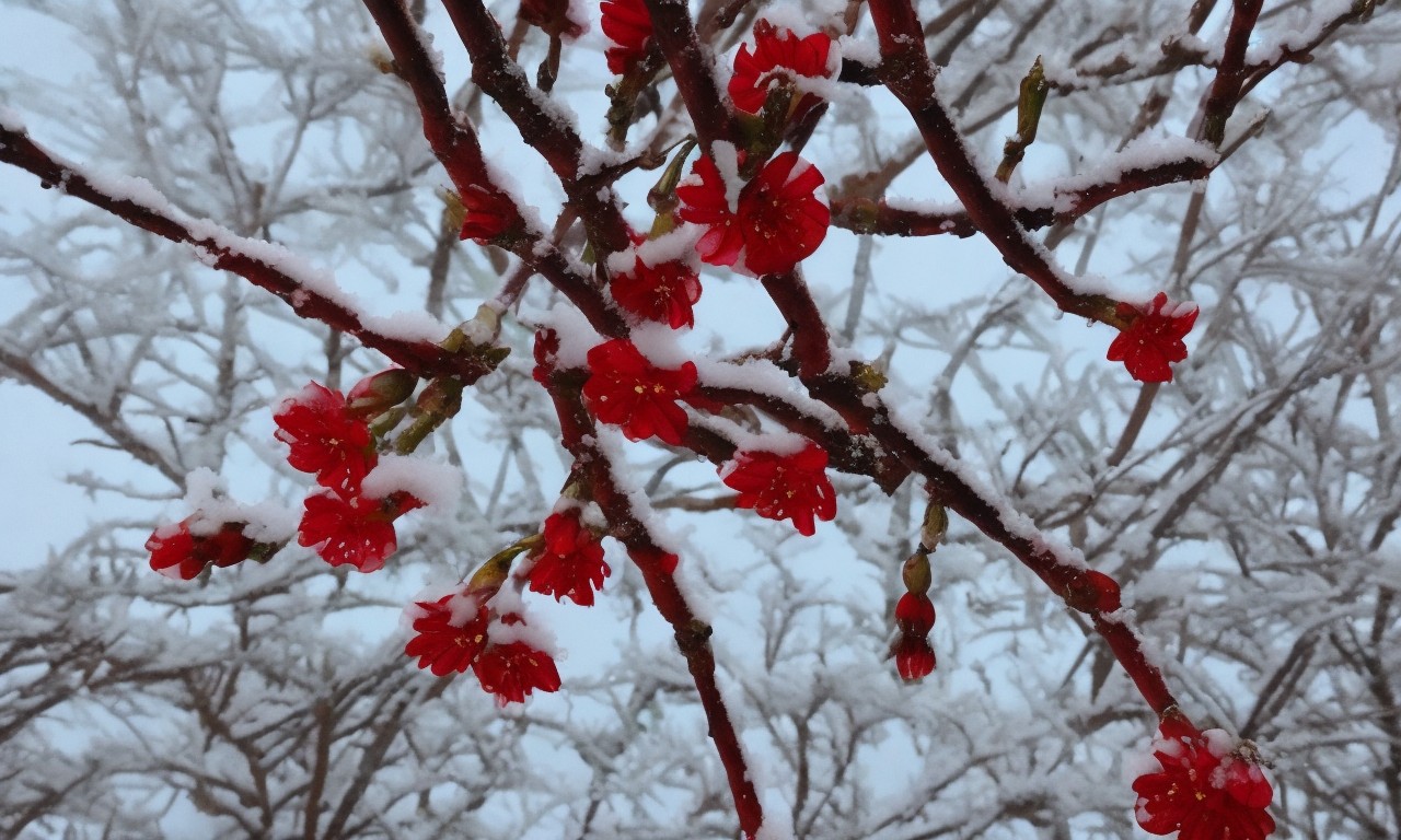 大雪覆盖的树枝上生长出红色的梅花